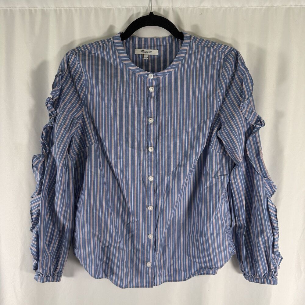 Madewell Blouse Women's Small Blue Striped Long Sleeve Ruffle Trim Round Neck